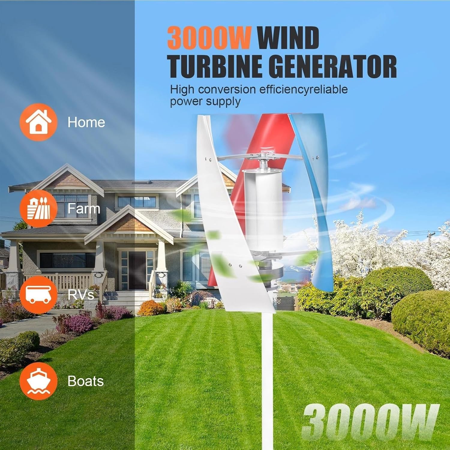 3000W Wind Solar Hybrid Power Generation System With 200W Solar Panel, 12V/24V/48V Vertical Axis Wind Turbine Generator Kit And Intelligent Controller(12V)