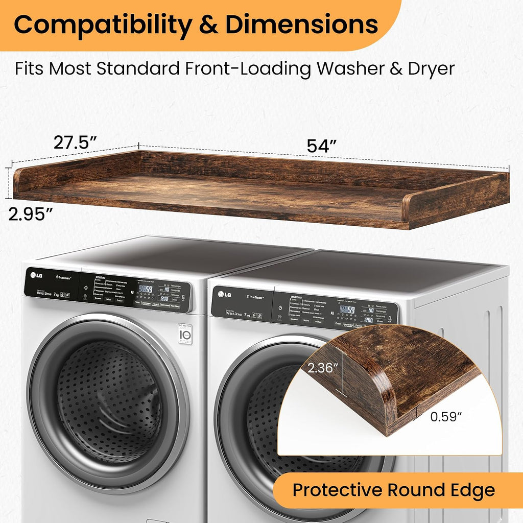 Washer Dryer Countertop, 27.5'x54' Wood Washer and Dryer Countertop with 2.95' Edge Rails, Laundry Machine Topper with Rounded Corner for Laundry Room Organization and Storage, Brown
