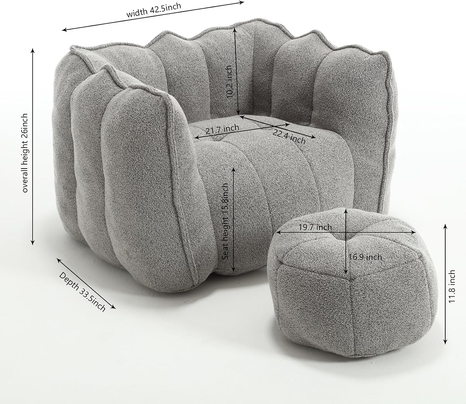 Giant Bean Bag Chair with Ottoman, Oversized Beanbag Chair for Adults, Comfy Floor Sofa Chair with Foam Filler, Pumpkin Lazy Lounger for Living Room, Game Room, Reading Corner, Chenille Grey