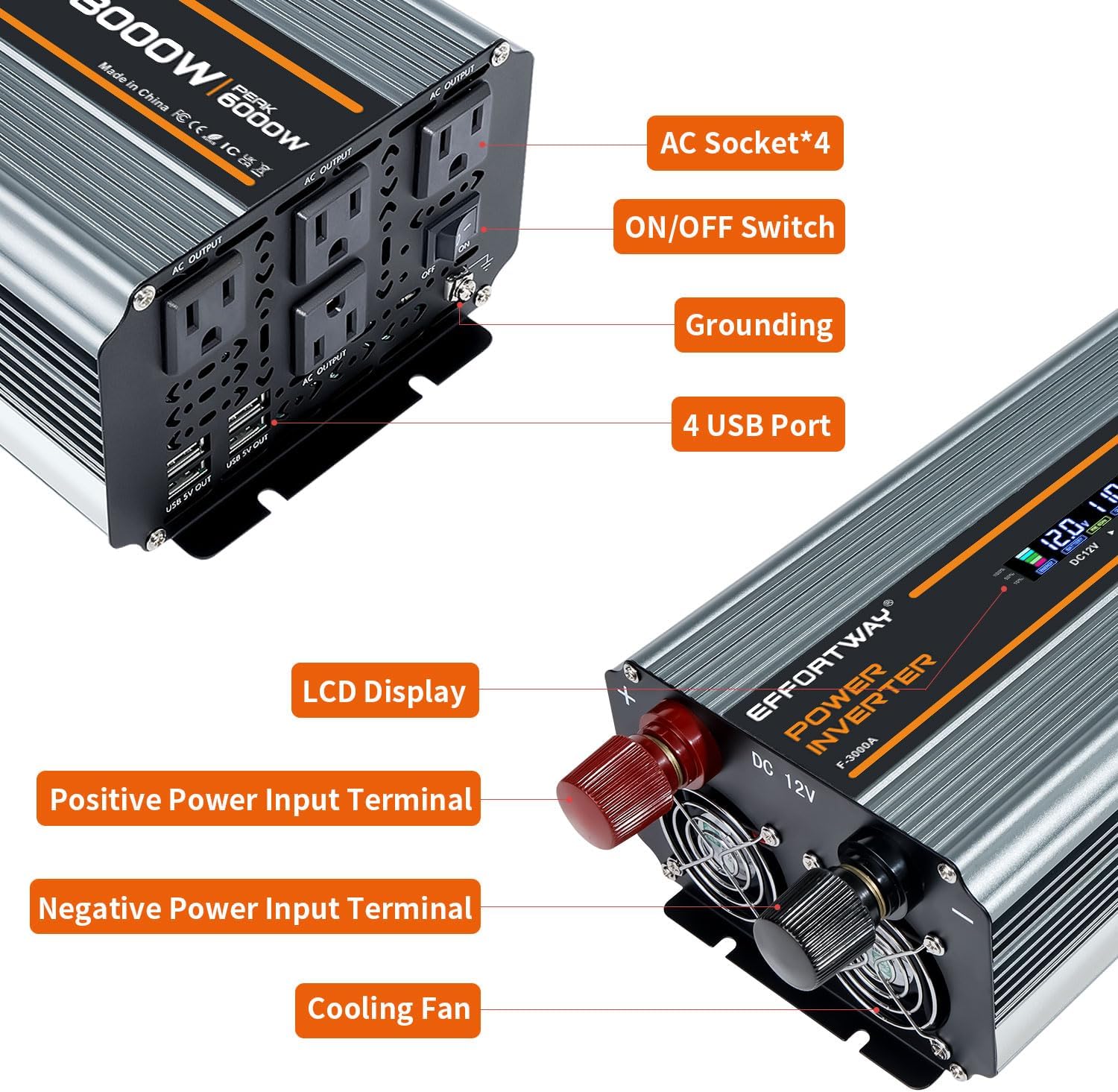 3000 watt Power Inverter DC 12V to AC 110V/120V Converter,6000w Peak.Comes with LCD Display,Wireless Controller,4AC outlets,4 USB.RV Inverter,Suitable for Camping,and Off-Grid Solar Inverter Systems