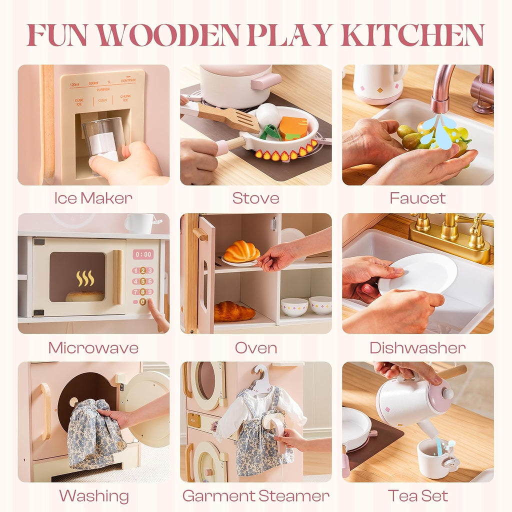 ROBOTIME Wooden Kids Play Kitchen – 4-in-1 Toddler Play Kitchen Set with Fridge, Washer & Dishwasher – Wooden Corner Cooking Playset for Boys & Girls Ages 3+