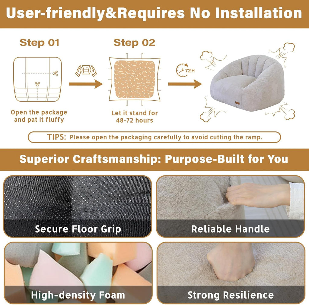 Giant Bean Bag Chair for Adults, Teens and Kids, Cozy Fluffy Corduroy Beanbag Chair with Filler, Large Floor Lounge Sofa for Living Room, Bedroom, Dorm, Gaming and Reading(L-Champagne)