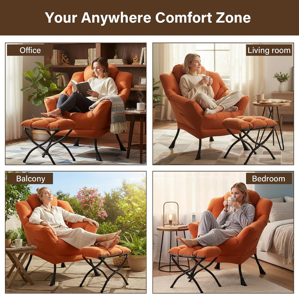 Welnow Lazy Chair with Ottoman for Living Room, Modern Reading Accent Chair with Armrests and a Side Pocket, Leisure Upholstered Lazy Sofa for Small Space, Bedroom, Dorm, Orange