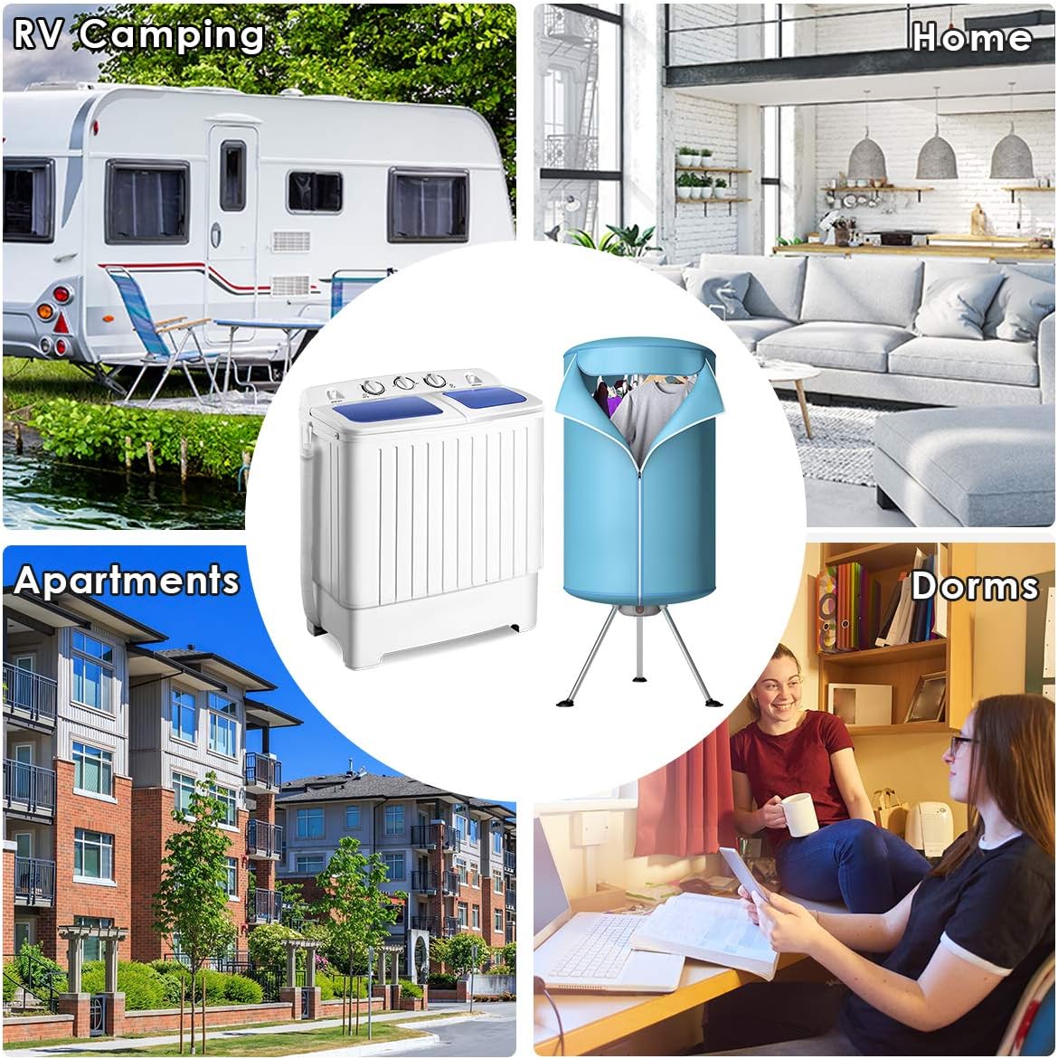 Giantex 17.6lbs Portable Washing Machine, 900W Clothes Dryer, Electric Laundry Dryer and Heater, Washer & Spinner Combo with Ventless Heating Stand for Apartment Travel RV