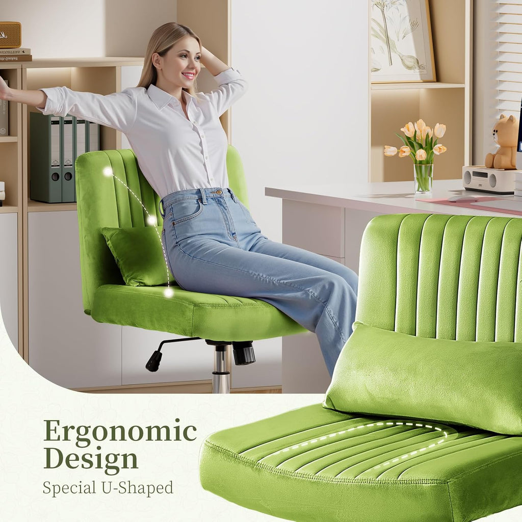 Warmiehomy Velvet Cross Legged Office Chair, Comfy Desk Chair for Home Office, Criss Cross Chair with Wheels, Height Adjustable Vanity Chair, Swivel Wide Seat Computer Chair Gift, Velvet Moss Green