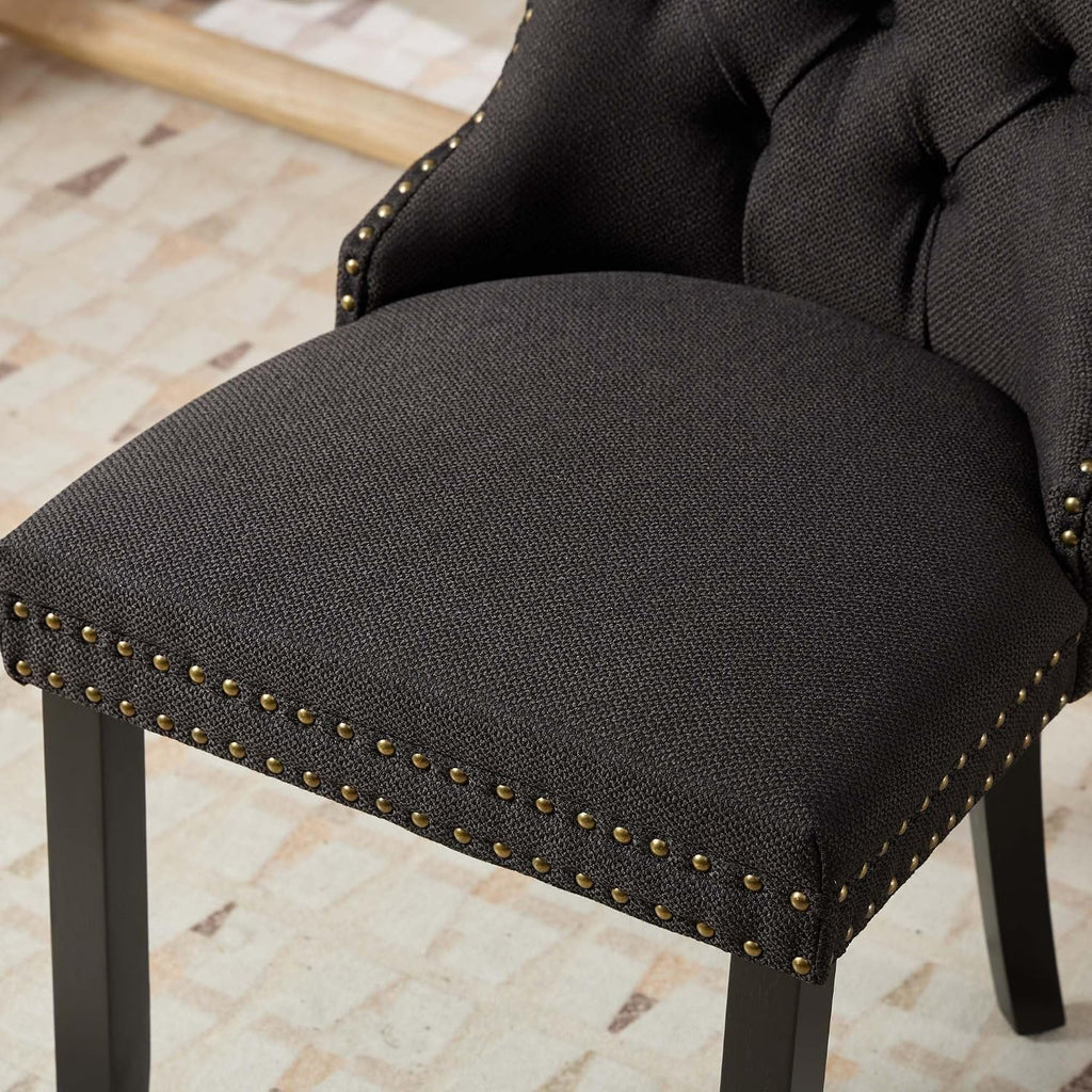 Ball & Cast Contemporary Upholstered Dining Chairs Set of 2, Flax Button Tufted Kitchen Side-Chairs with Hang Ring & Nailhead Trims & Wood Legs, 2-Piece Backrest Traditional Chair, Black+Black