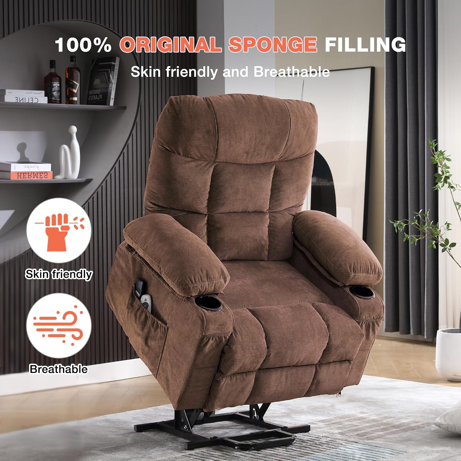 MAHOMICO Power Lift Recliner Chair for Elderly with Vibration Massage and Lumbar Heating, Electric Lift Recliner Single Sofa with Side Pocket, Two Cup Holders and USB Charge Port for Living Room