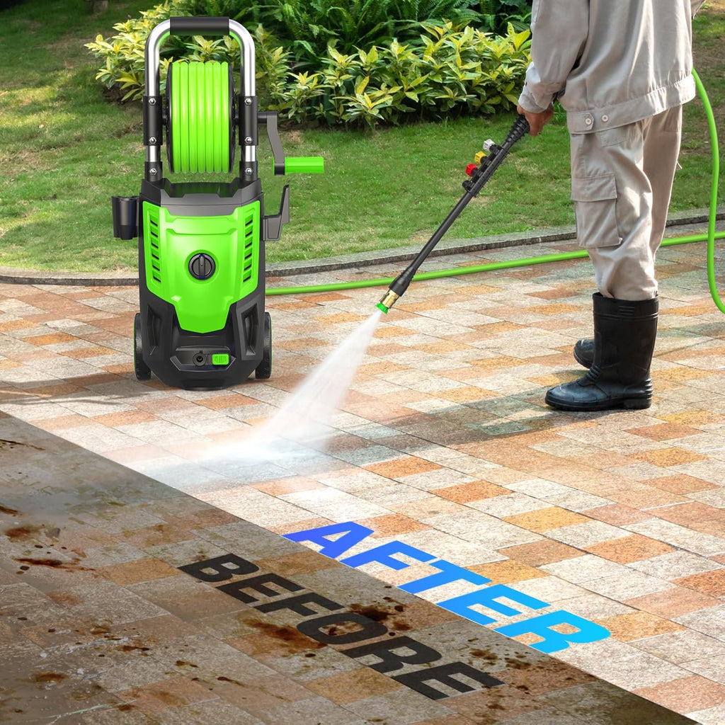 4800 PSI Electric Pressure Washer- 4.0 GPM High Power Washer with 33FT Hose Reel, 4 Spray Tips and Soap Bottle for Car Washing, Fence Cleaning, Patio Maintenance（Upgraded）(Green)