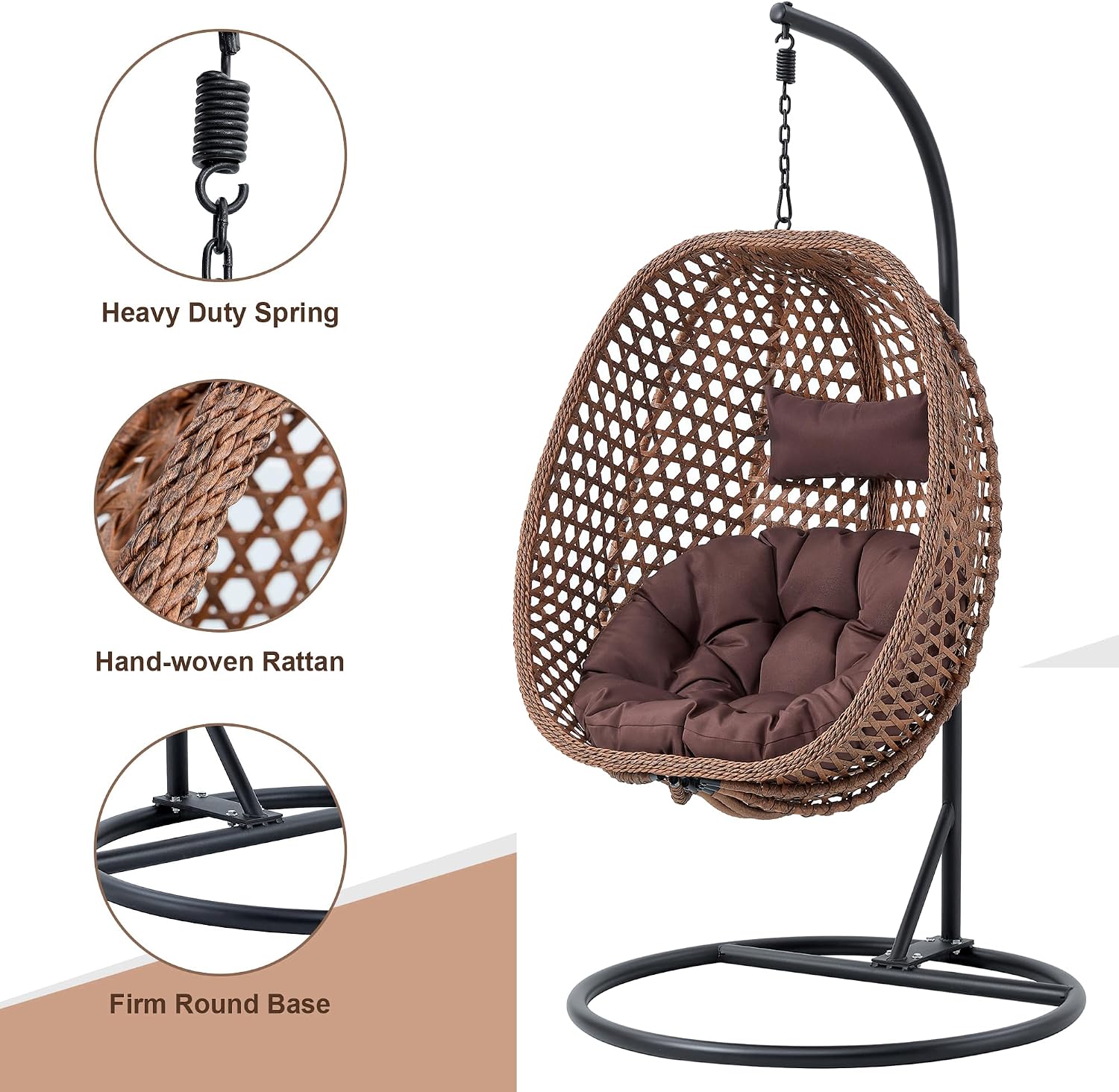 Swining Egg Chair with Stand,Wicker Rattan Hanging Egg Chairs, Patio Swing with UV Resistant Cushion, Outdoor Indoor Hanging with Foldable Basket & Metal Stand for Bedroom (Brown-S)