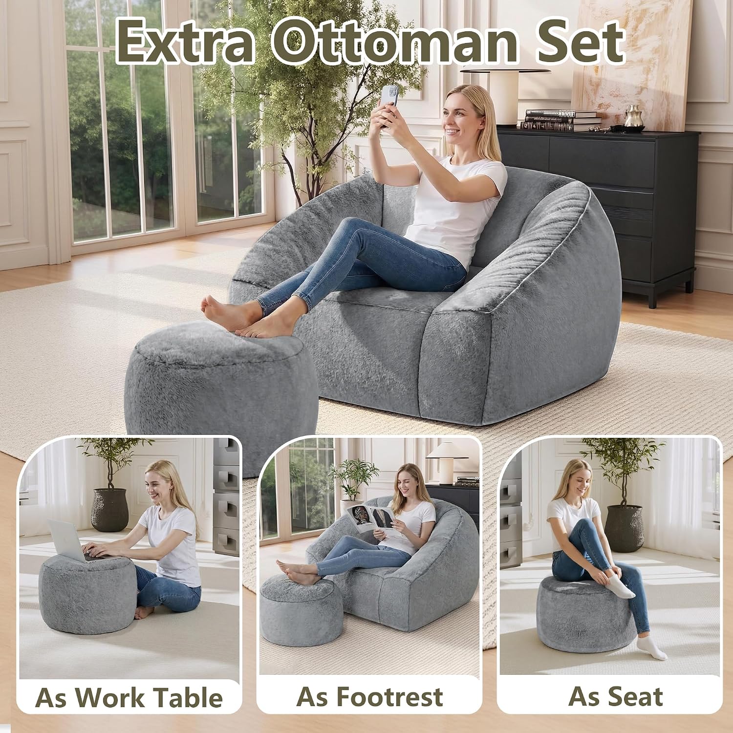 Bean Bag Chairs with Ottoman for Adults, Comfy Beanbag Chair with High-Resilience Foam, Oversized Bean Bag Sofa with Soft Faux Fur Fabric, Bean Bag Chair for Living Room,Bedroom,Dark Grey