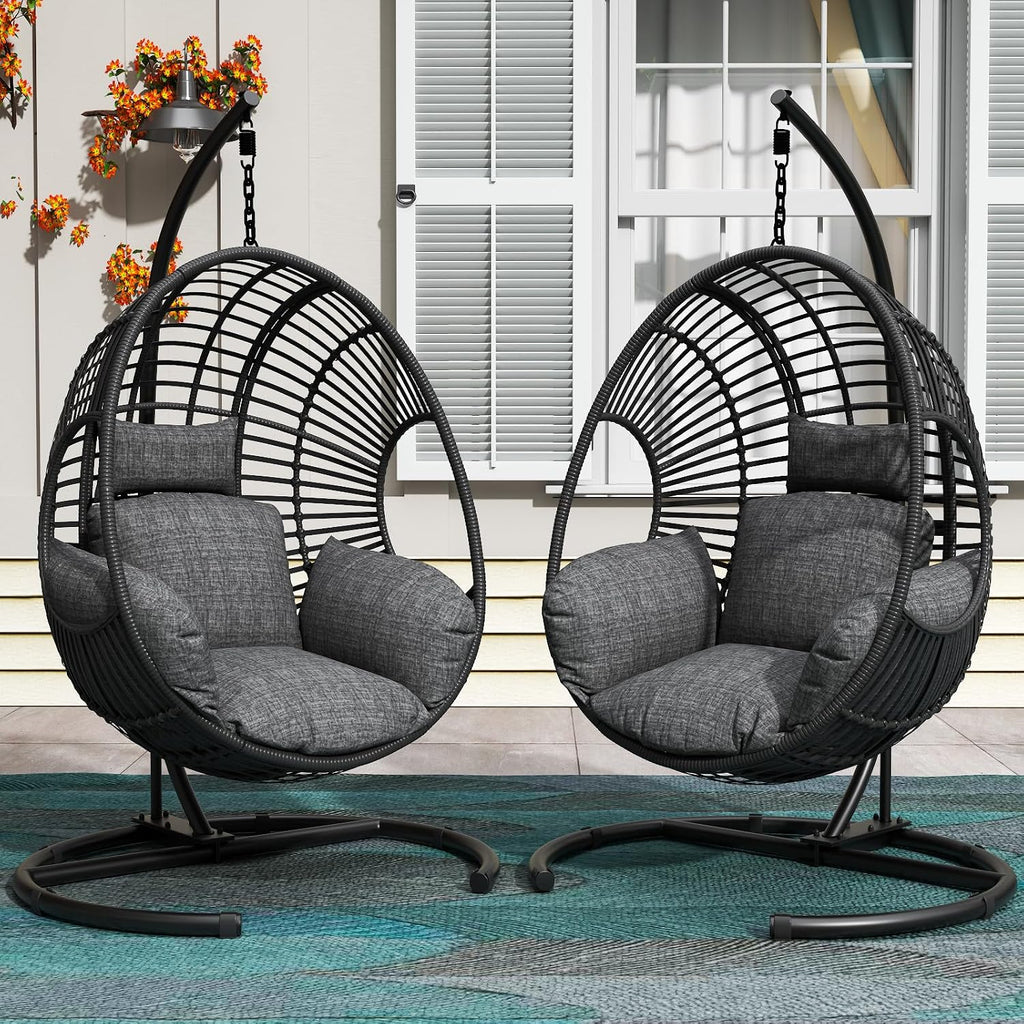 Hanging Egg Chair with Stand - Egg Swing Chair Outdoor Indoor Patio Wicker Chair Swing Hammock Egg Chairs 400lbs Capacity for Outside Patio, Bedroom, Garden and Balcony (Black-Regular, 2P)