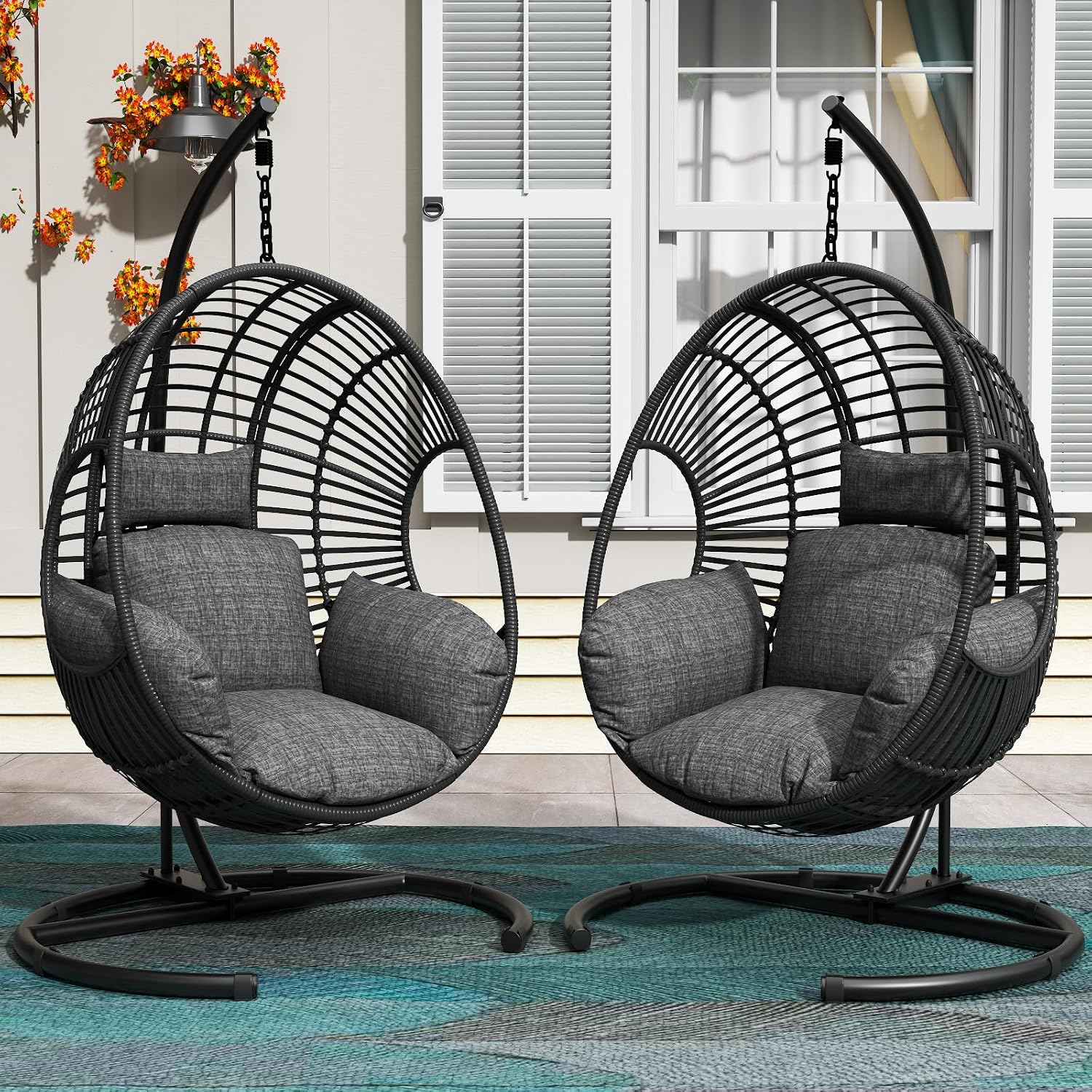 Hanging Egg Chair with Stand - Egg Swing Chair Outdoor Indoor Patio Wicker Chair Swing Hammock Egg Chairs 400lbs Capacity for Outside Patio, Bedroom, Garden and Balcony (Black-Regular, 2P)