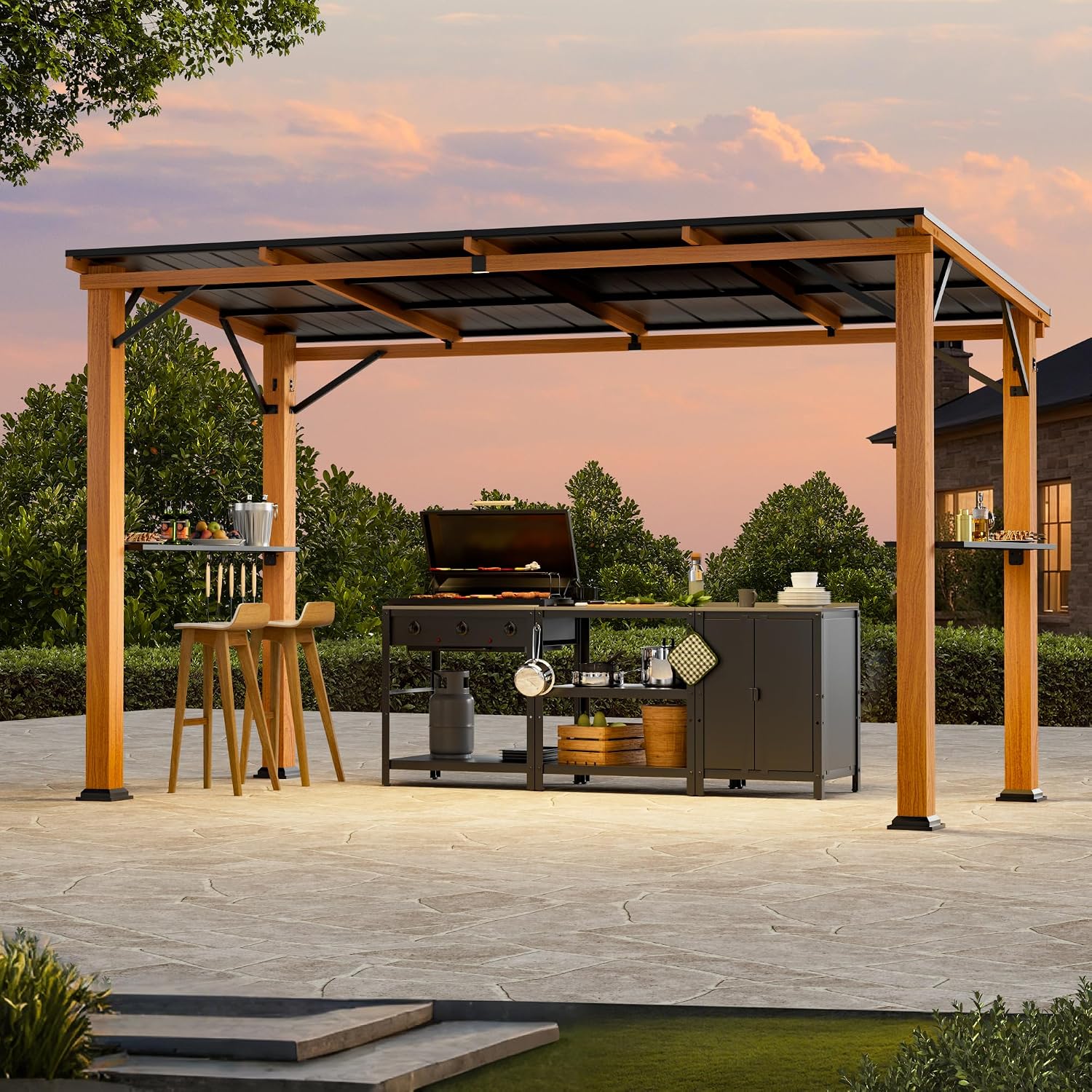 Covered Outdoor Grill Gazebo 6'x12'with Side Shelf, Outdoor Hardtop Gazebo with Bottle Opener & Hooks, Grill Canopy with Sturdy Rustproof Design for Backyard, Garden, Patio,Wood-Looking