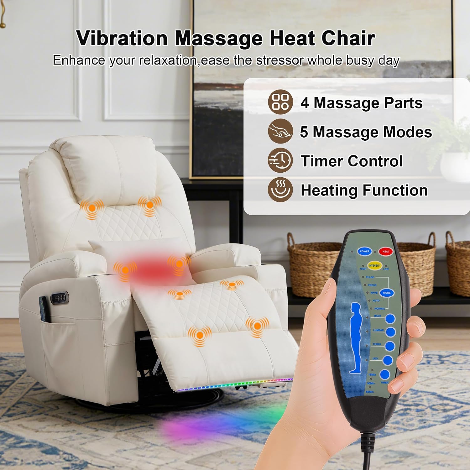 Dual Motor Power Swivel Rocker Recliner Chair for Adults with Heat and Massage,Electric Wall Hugger Glider Rocking Recliner for Nursery Living Room with LED Lights,USB A&C Ports(Beige, Single)