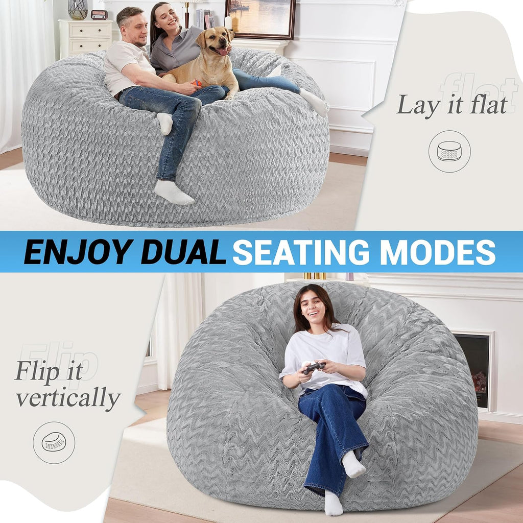 6FT Bean Bag Chair,Giant Bean Bag Chairs for Adults,Big Bean Bags with Memory Foam Filled, Large Beanbag Chairs with Chevron Plush Cover-Light Grey