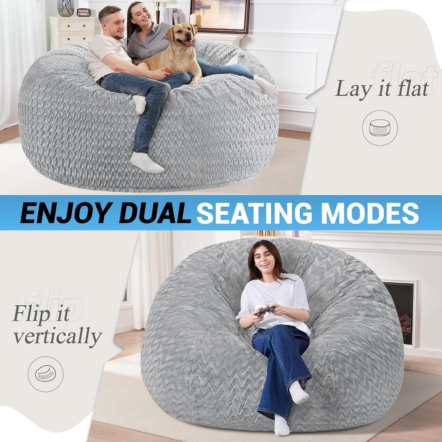 6FT Bean Bag Chair,Giant Bean Bag Chairs for Adults,Big Bean Bags with Memory Foam Filled, Large Beanbag Chairs with Chevron Plush Cover-Light Grey
