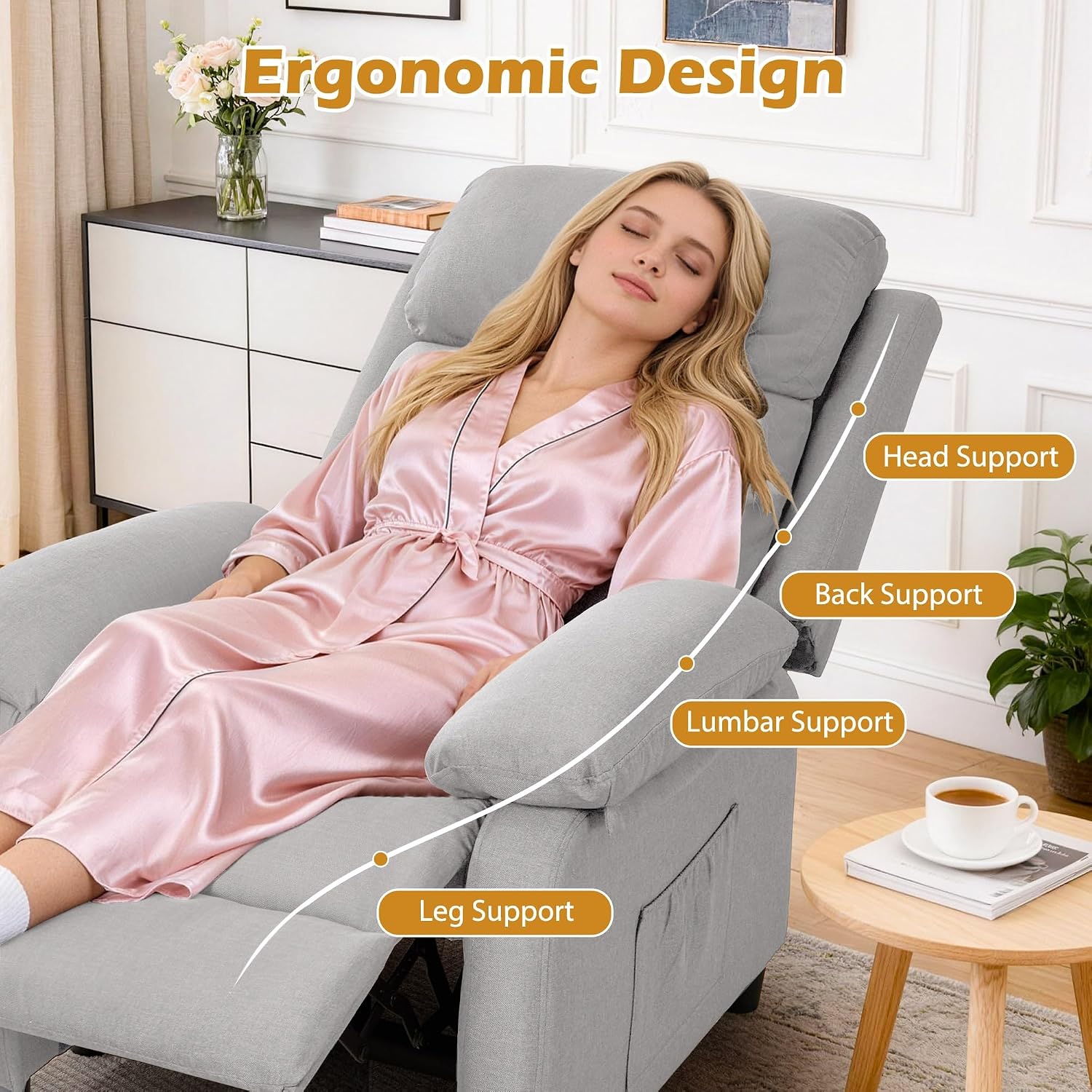 Korser Recliner Chair, Living Room Chairs for Adults, Padded Deep Seat Reading Chair with Side Pockets, Small Recliners for Small Spaces, Lounge Chair for Living Room, Bedroom, and RV (Linen)