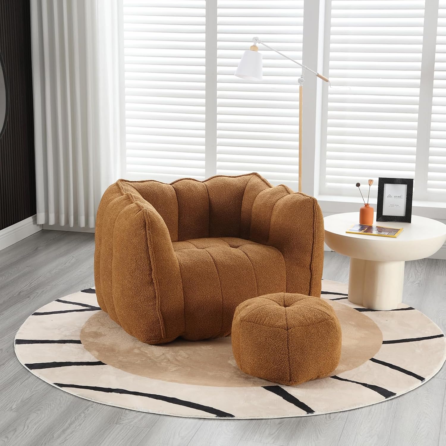 Giant Bean Bag Chair with Ottoman, Oversized Beanbag Chair for Adults, Comfy Floor Sofa Chair with Foam Filler, Pumpkin Lazy Lounger for Living Room, Game Room, Reading Corner, Chenille Yellow