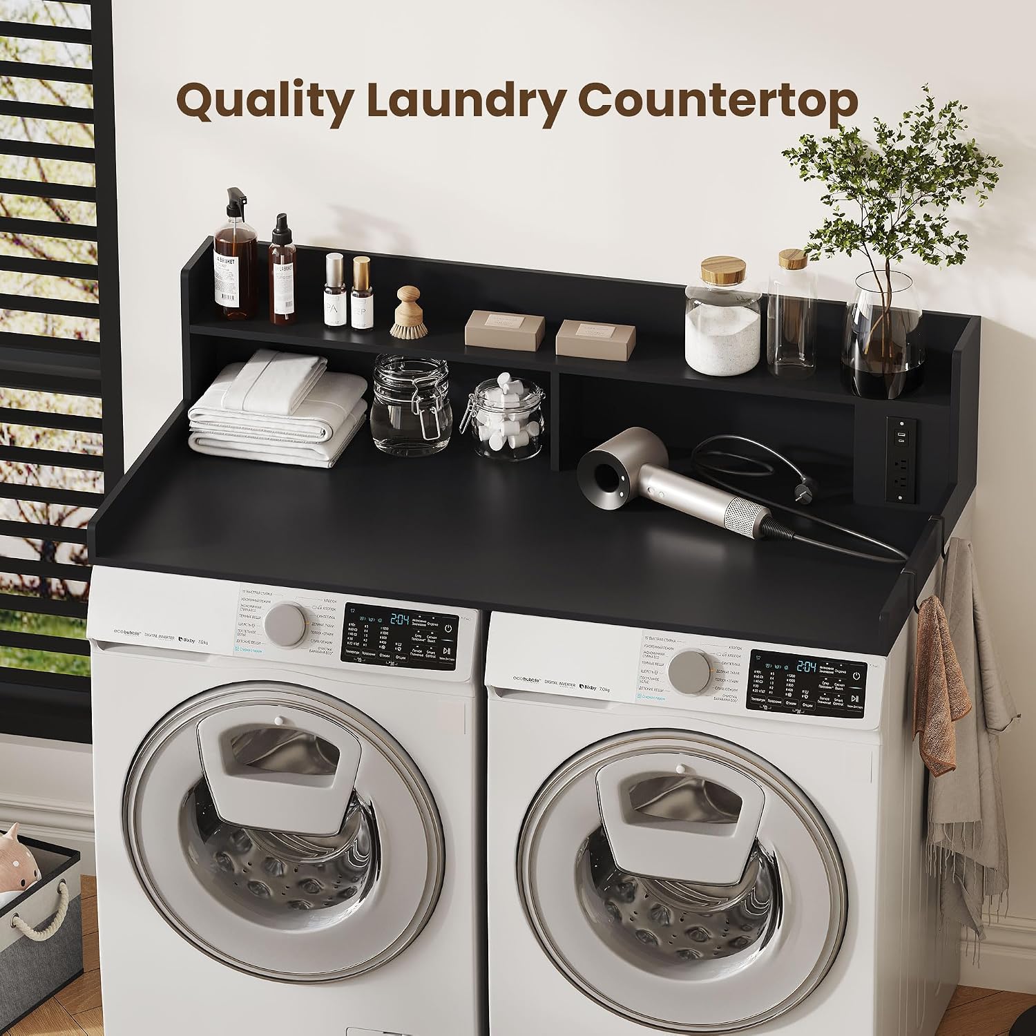 Upgraded 2-Tier Washer and Dryer Countertop with Power Outlet,54' W x 27.6' D Large Laundry Countertop for Fold Clothes, Laundry Topper with Non-Slip Pads & Metal Hooks and Storage Basket
