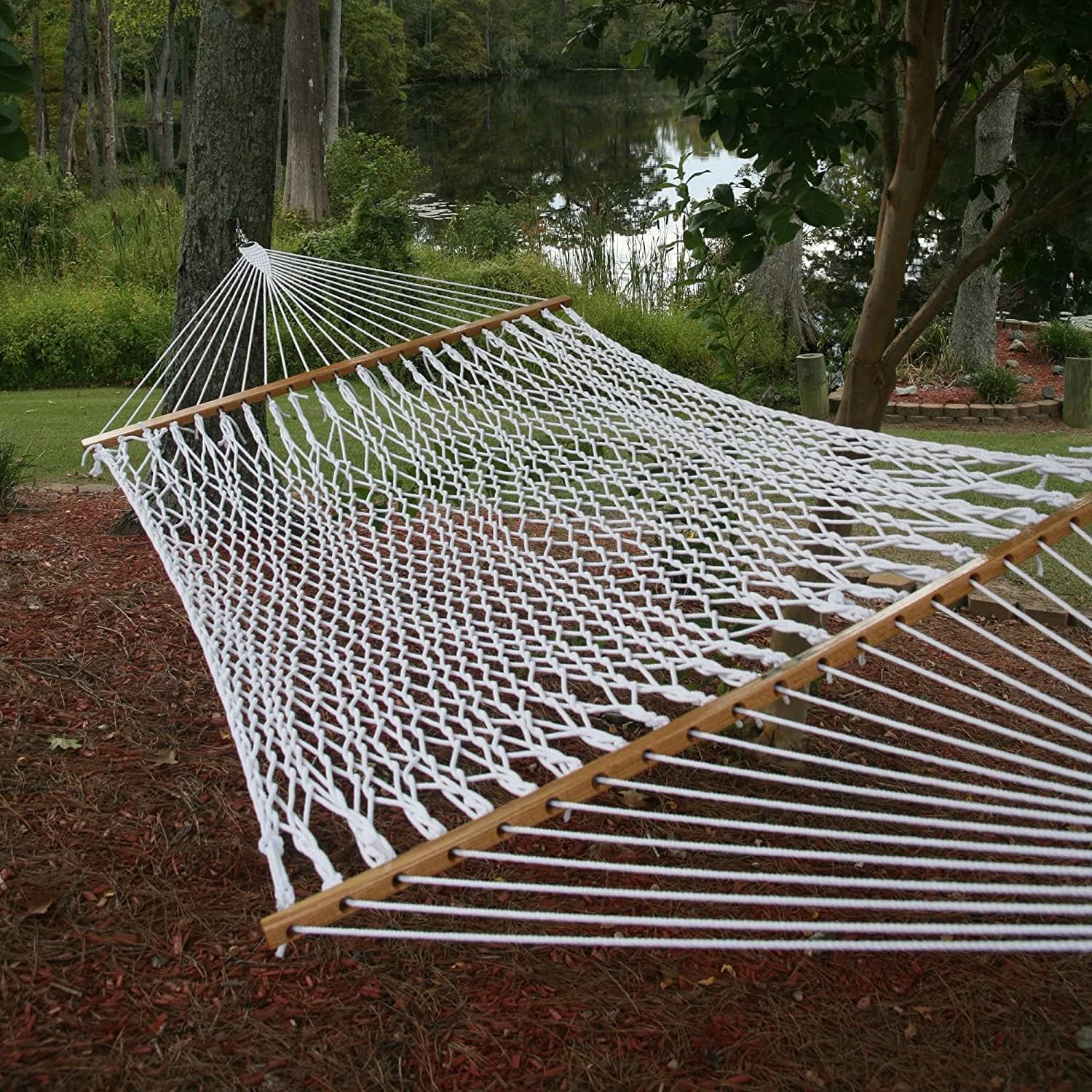Original Pawleys Island Large White DuraCord Rope Hammock – 13 ft. x 55 in., 2-Person, 450 lb Capacity, Oak Spreader Bar, Zinc-Plated Hardware, Handcrafted in the USA