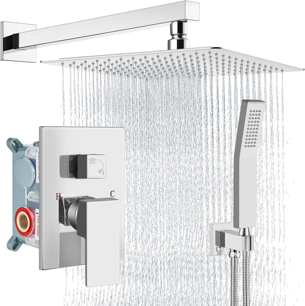 Aolemi Shower Faucet Set Rain Shower System with Handheld Spray Bathroom Shower Combo Rough-in Valve and Shower Trim Kit Included Polish Chrome 16 Inch Wall Mount Shower Head