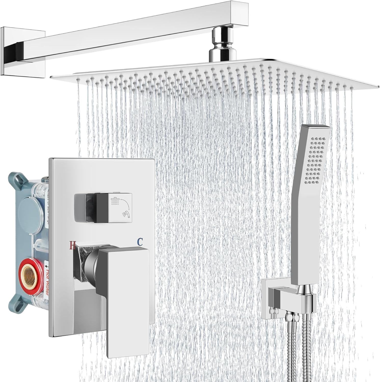 Aolemi Shower Faucet Set Rain Shower System with Handheld Spray Bathroom Shower Combo Rough-in Valve and Shower Trim Kit Included Polish Chrome 16 Inch Wall Mount Shower Head