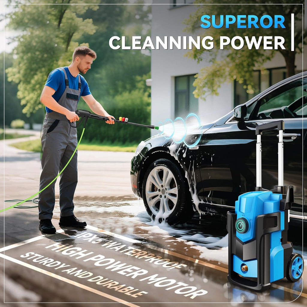 Pressure Washer 5000PSI, Heavy Duty Power Washer Electric Powered, with 4 Nozzles,Foam Cannon,33FT Hose and 500ml Soap Bottle,Car Wash Machine/Car/Driveway/Patio Clean,Light Blue