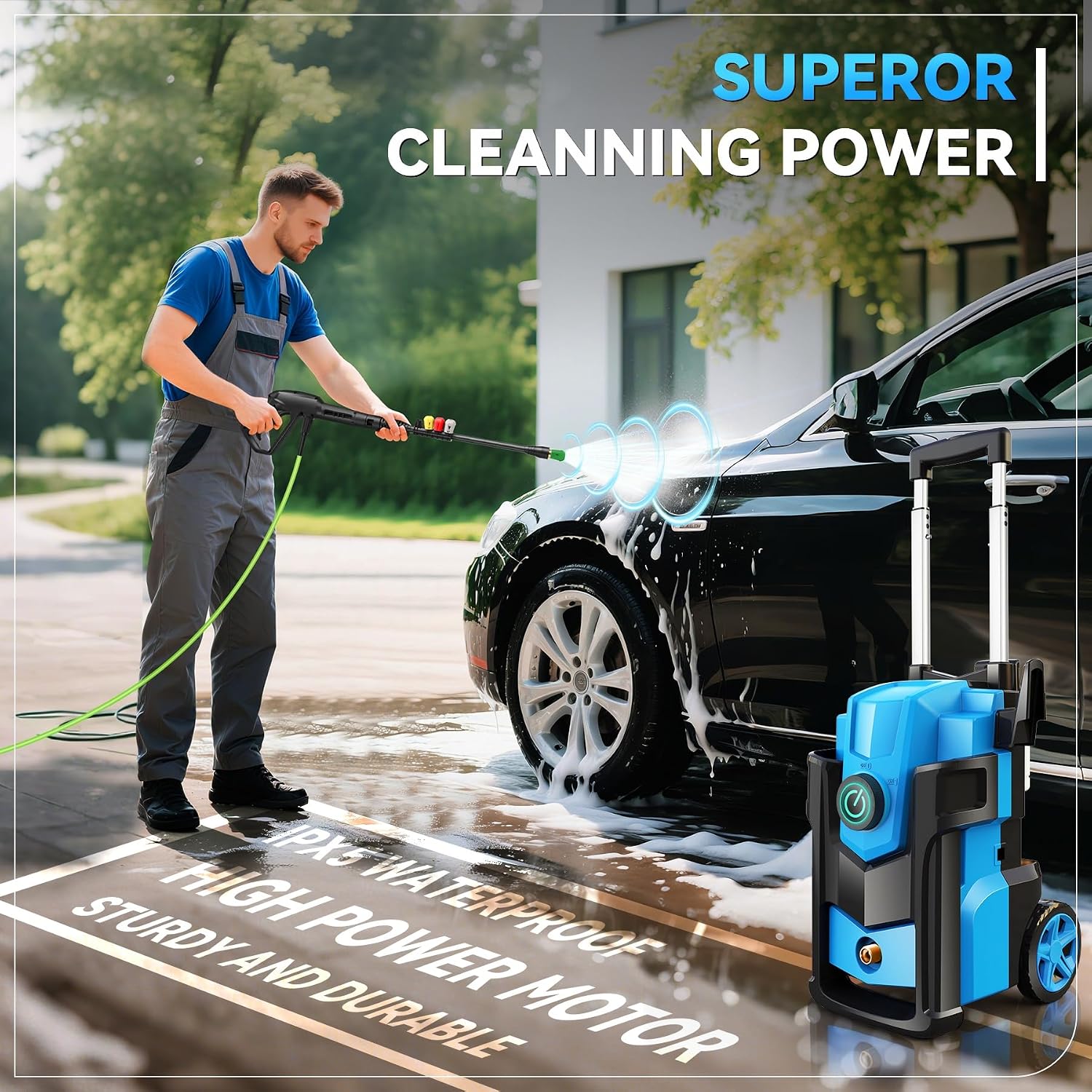 Pressure Washer 5000PSI, Heavy Duty Power Washer Electric Powered, with 4 Nozzles,Foam Cannon,33FT Hose and 500ml Soap Bottle,Car Wash Machine/Car/Driveway/Patio Clean,Light Blue