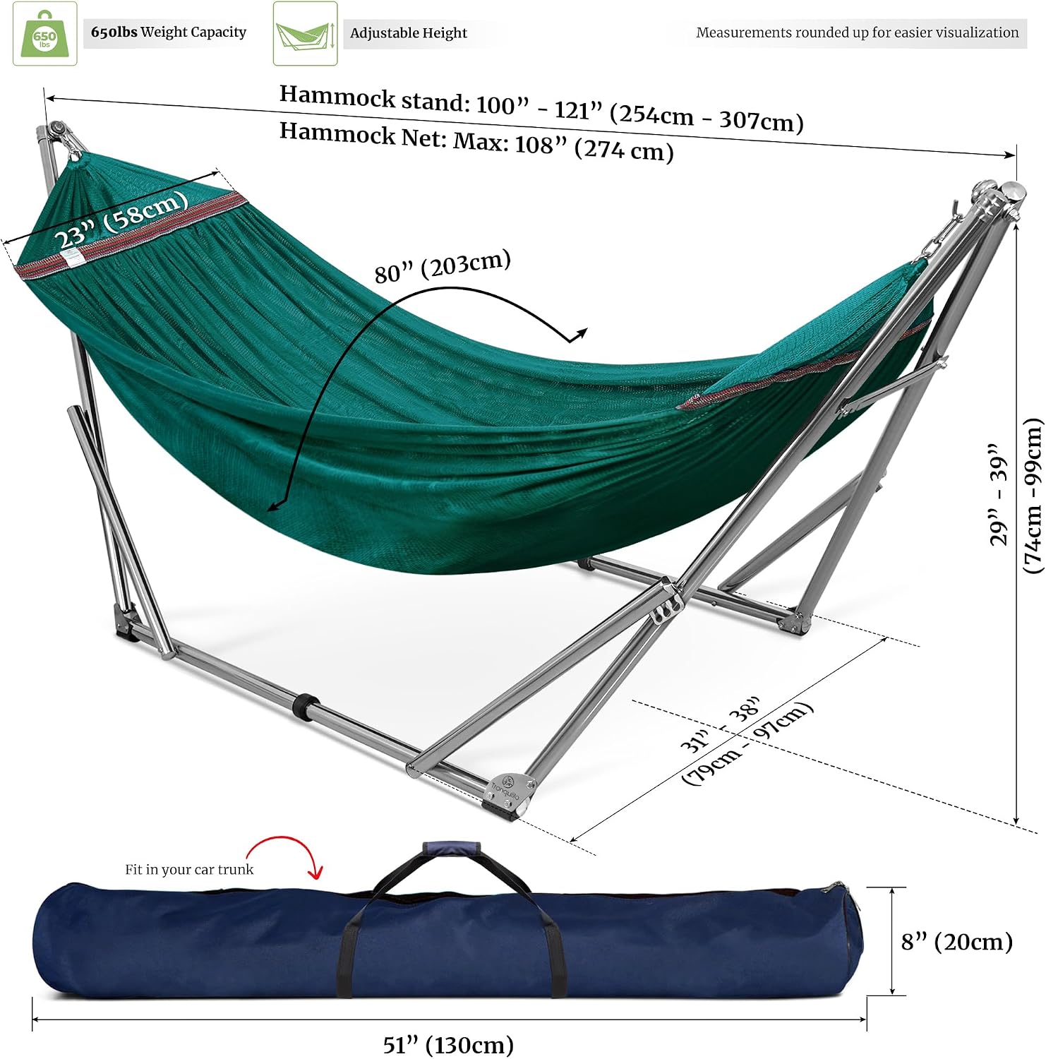 Tranquillo Double Hammock with Stand 650lb Capacity Double Hammock with Spreader Bar, Solid Grade 201 Stainless Steel 30s Set Up, Sturdy Flexible Hammock Stand Portable, Outdoor Indoor, Peacock