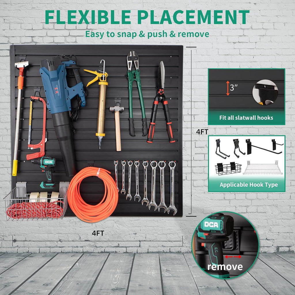 FRAYSCENT Slat Wall Paneling Garage Slat Wall Storage Systems Slatwall Panels Power Tool Organizer Wall Mount, PVC Garage Storage & Organization Products Slate Board (Black, 4ft x 4ft)