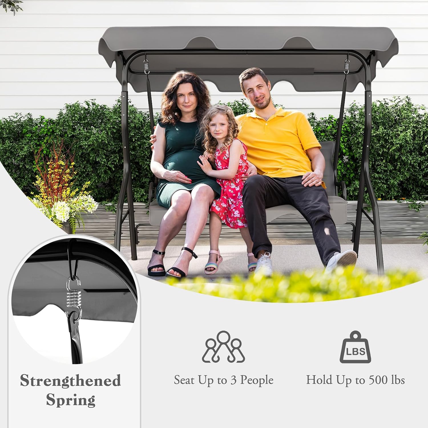 DREAMADE Porch Swing Outdoor, 3 Person Patio Swing w/Removable Cushion, Stand & Adjustable Canopy, Heavy Duty Swing Chair for Patio, Garden, Courtyard, Poolside