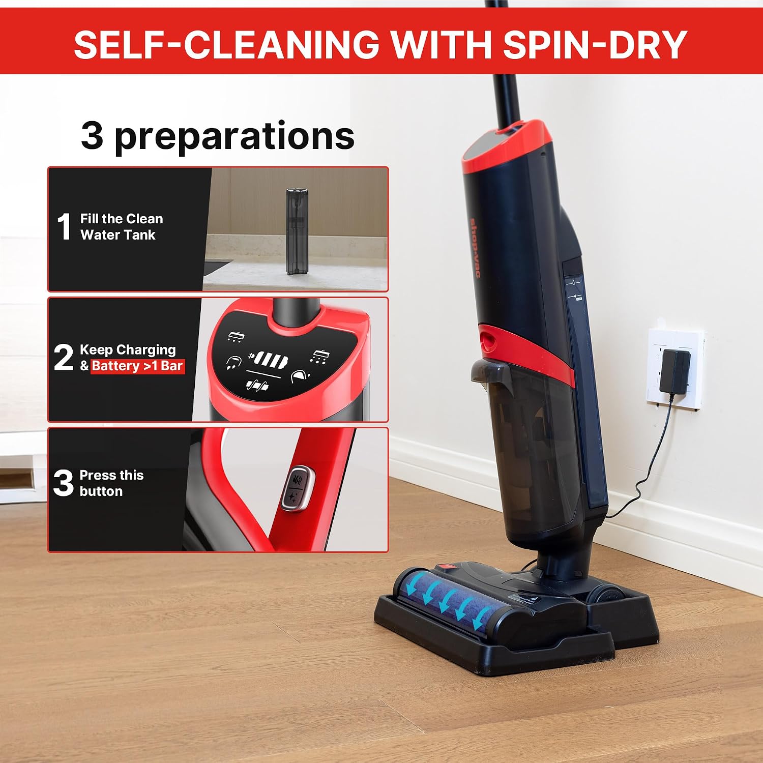Shop-Vac Wet Dry Vacuum Cleaner and Mop, 15000Pa Vacuum Mop All in One, Lightweight Multi-Surface Cleaner with Self-Cleaning, LED Display & Voice Prompts