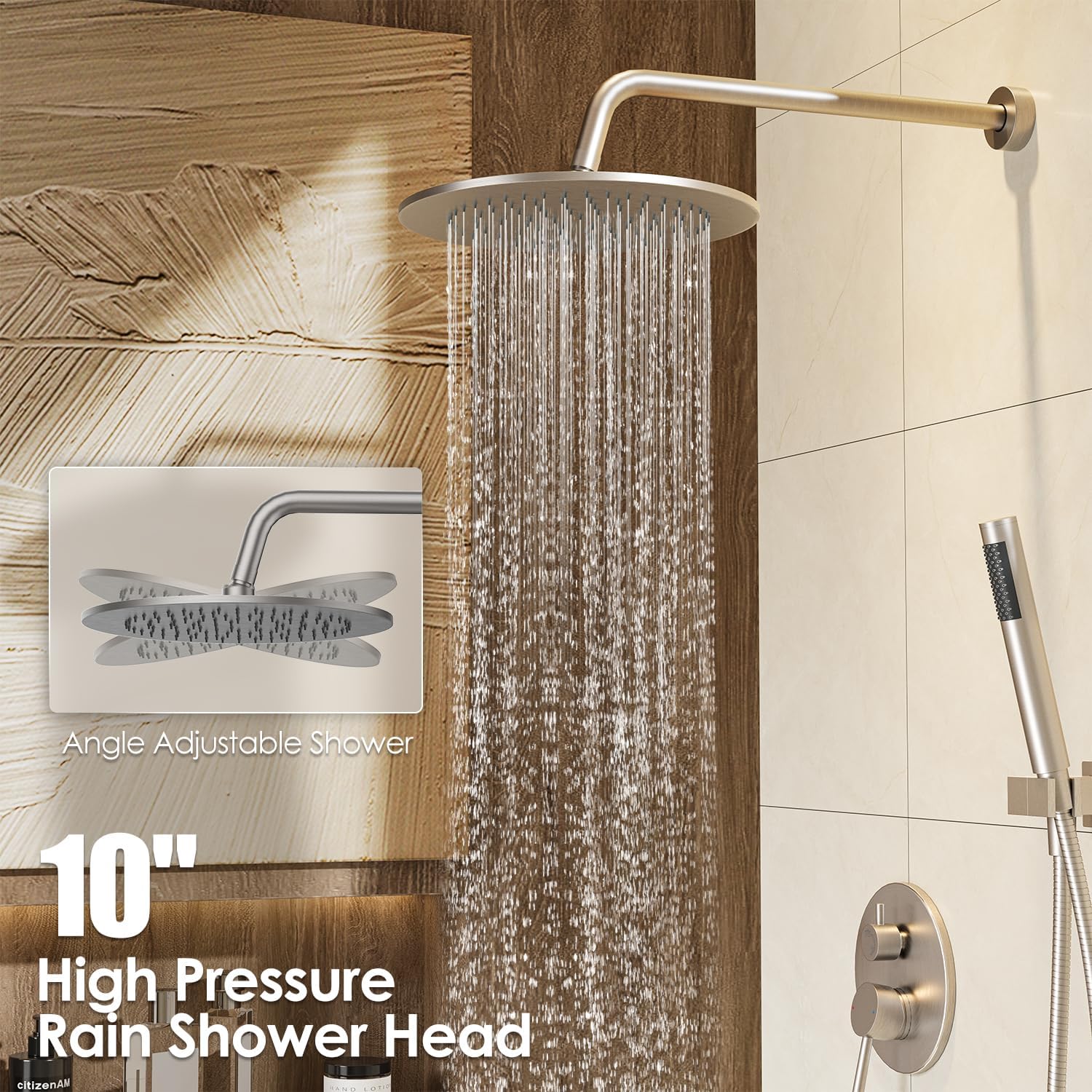Gabrylly Shower System, Wall Mounted Shower Faucet Set with Shower Valve, High Pressure 10' Rain Shower head with Handheld Spray Combo, 2 Way Rainfall Shower Head Set, Brushed Nickel