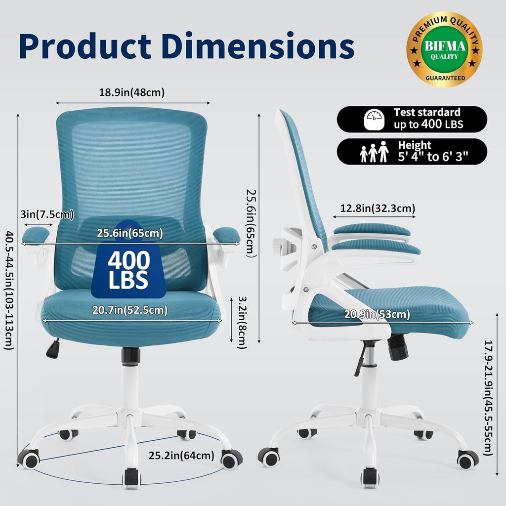 Ergonomic Office Chair, Desk Chair with Adjustable Lumbar Support, Breathable Mesh Comfy Computer Chairs with Flip-up Armrests Executive Task Chair for Adults Home Office (Lake Blue)