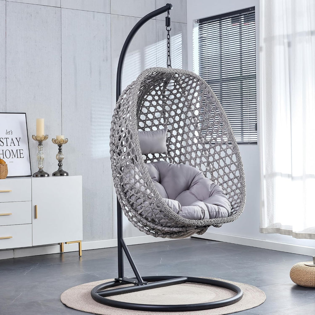Swining Egg Chair with Stand,Wicker Rattan Hanging Egg Chairs, Patio Swing with UV Resistant Cushion, Outdoor Indoor Hanging with Foldable Basket Metal Stand for Bedroom (Grey-S)