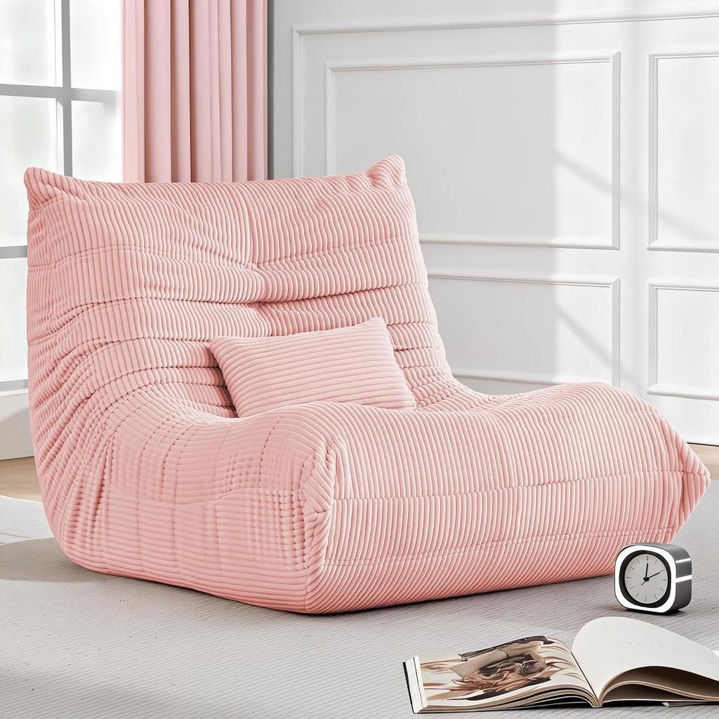 Bean Bag Chair for Adults, Giant Bean Bag Chairs with Lumbar Pillow, Oversized Corduroy Memory Foam Boneless Chair with High-Rebound, Lazy Floor Sofa for Reading Gaming Living Room Bedroom, Pink