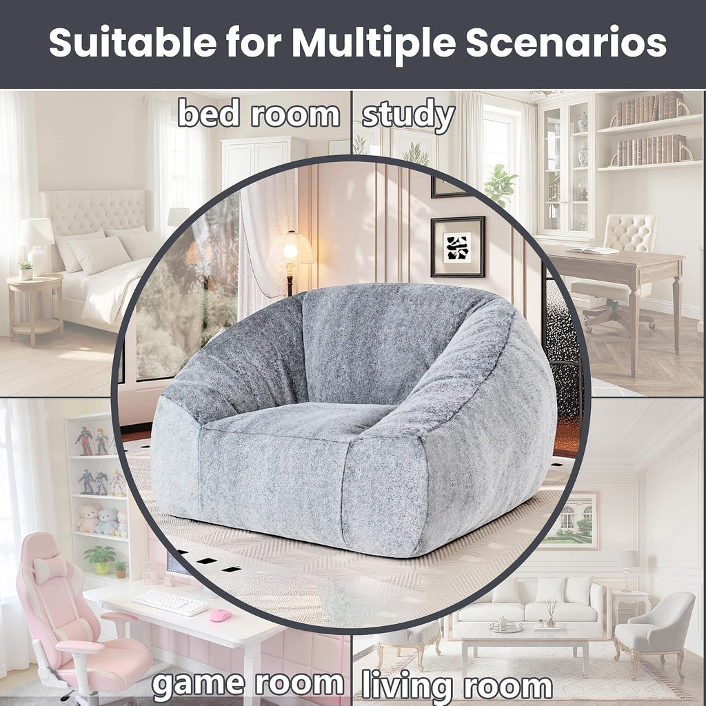 Bean Bag Chairs for Adults, Giant Beanbag Sofa Comfy Reading Chair, Oversized Bean Bag Chairs for Living Room Bedroom, Soft Faux Fur Fabric, 3.2FT, Dark Grey, Plush