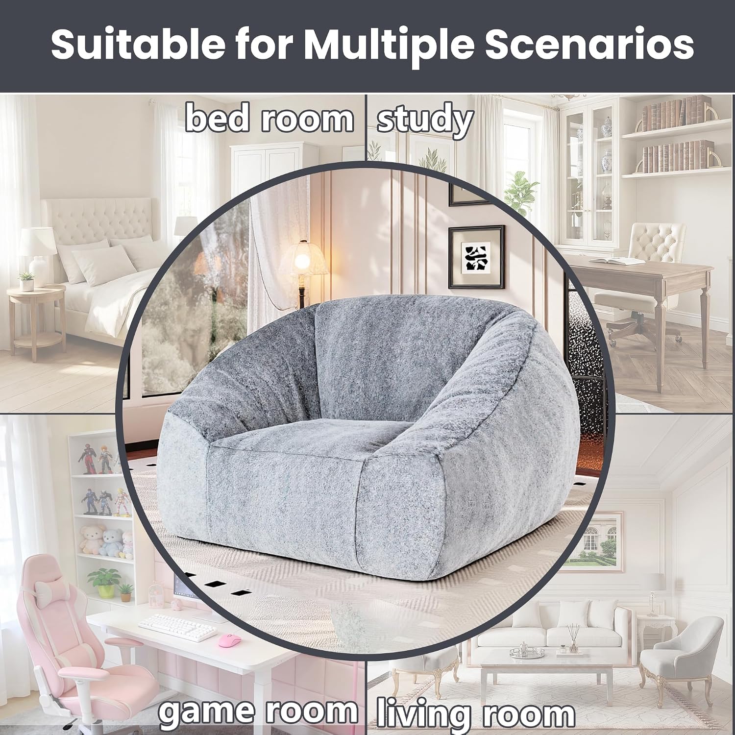 Bean Bag Chairs for Adults, Giant Beanbag Sofa Comfy Reading Chair, Oversized Bean Bag Chairs for Living Room Bedroom, Soft Faux Fur Fabric, 3.2FT, Dark Grey, Plush