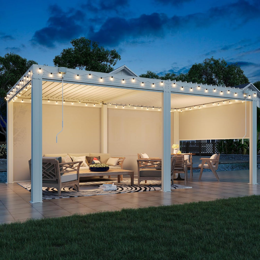 EROMMY 12x20 Louvered Pergola with Side Pull-Down Screen, Outdoor Aluminum Pergola with Thickened Frame and Adjustable Metal Rainproof Roof for Deck Patio Garden Yard, White