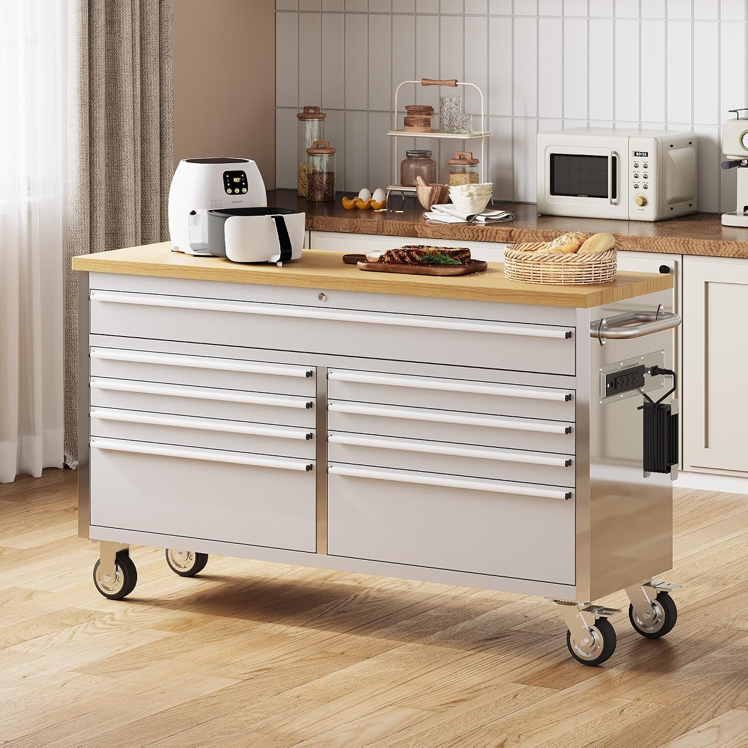 61'' Rolling Tool Chest with 9 Drawers and Wheels, Heavy-Duty Tool Cabinet, Mobile Workbench for Garage, Repair Shop and Tool Room, Stainless Steel Storage, Silver