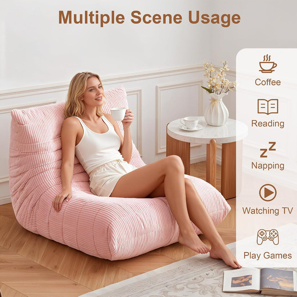 Bean Bag Chair for Adults, Giant Bean Bag Chairs with Lumbar Pillow, Oversized Corduroy Memory Foam Boneless Chair with High-Rebound, Lazy Floor Sofa for Reading Gaming Living Room Bedroom, Pink
