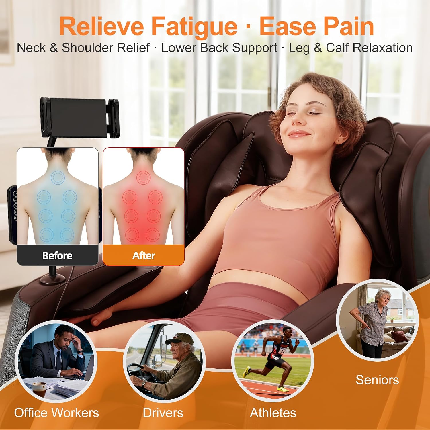 Massage Chair Full Body and Recliner, Zero Gravity Massage Chairs, 10 Fix Rollers, Airbags, Heating, Foot Massage, Auto Modes, Bluetooth Speaker and Touch Control Screen for Home and Office (Brown)