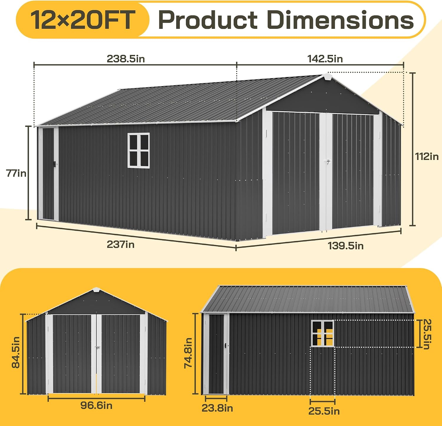 KEIKI 12x20 FT Outdoor Metal Storage Shed Garage with Double Doors, Large Capacity Steel Utility Shed for Vehicle Equipment and Garden Tool Storage, Weather Resistant Backyard Shed