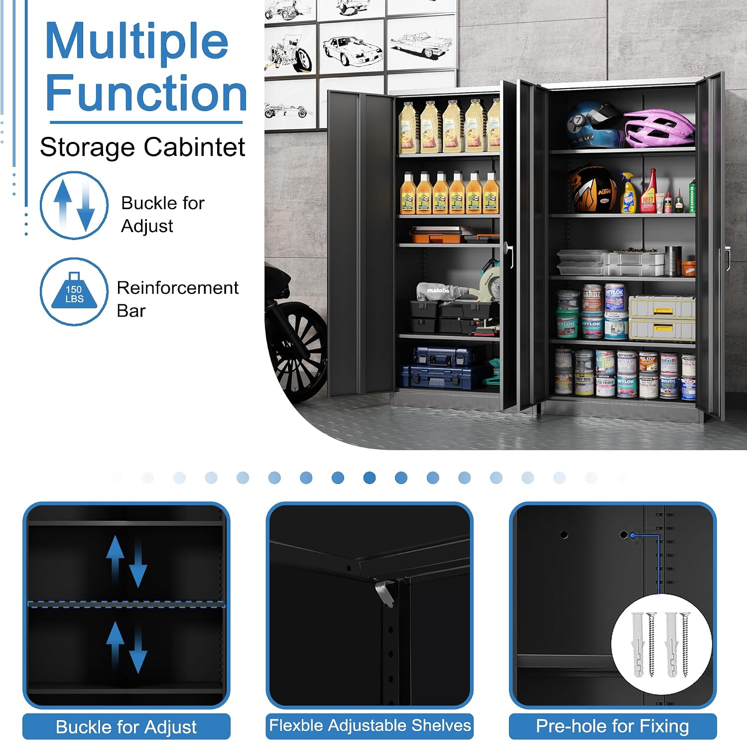 Black Metal Storage Cabinet 71' Hx36 Wx18 D Garage Tool Storage Cabinet with Doors and Shelves,Steel Lockable File Cabinet for Home Office,Basement,Warehouse,Assembly Required