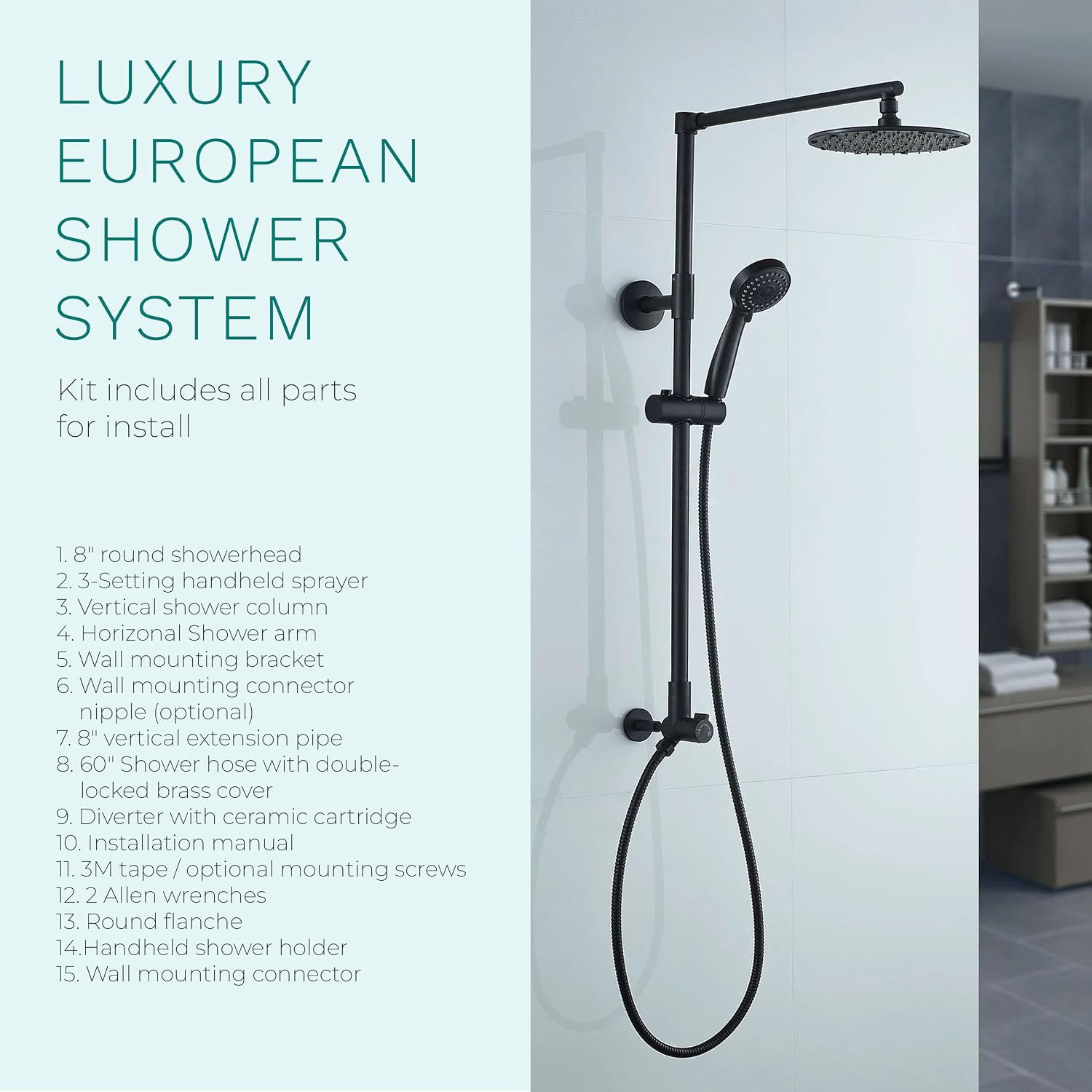 Fennocasa Polaris 3 Rain Shower System, 8' Rainfall Shower Head and Handheld Shower Combo, includes 3-Setting Handheld Spray, Height Adjustable Shower Wand Holder, 60' Hose (2.5 GPM Matte Black)
