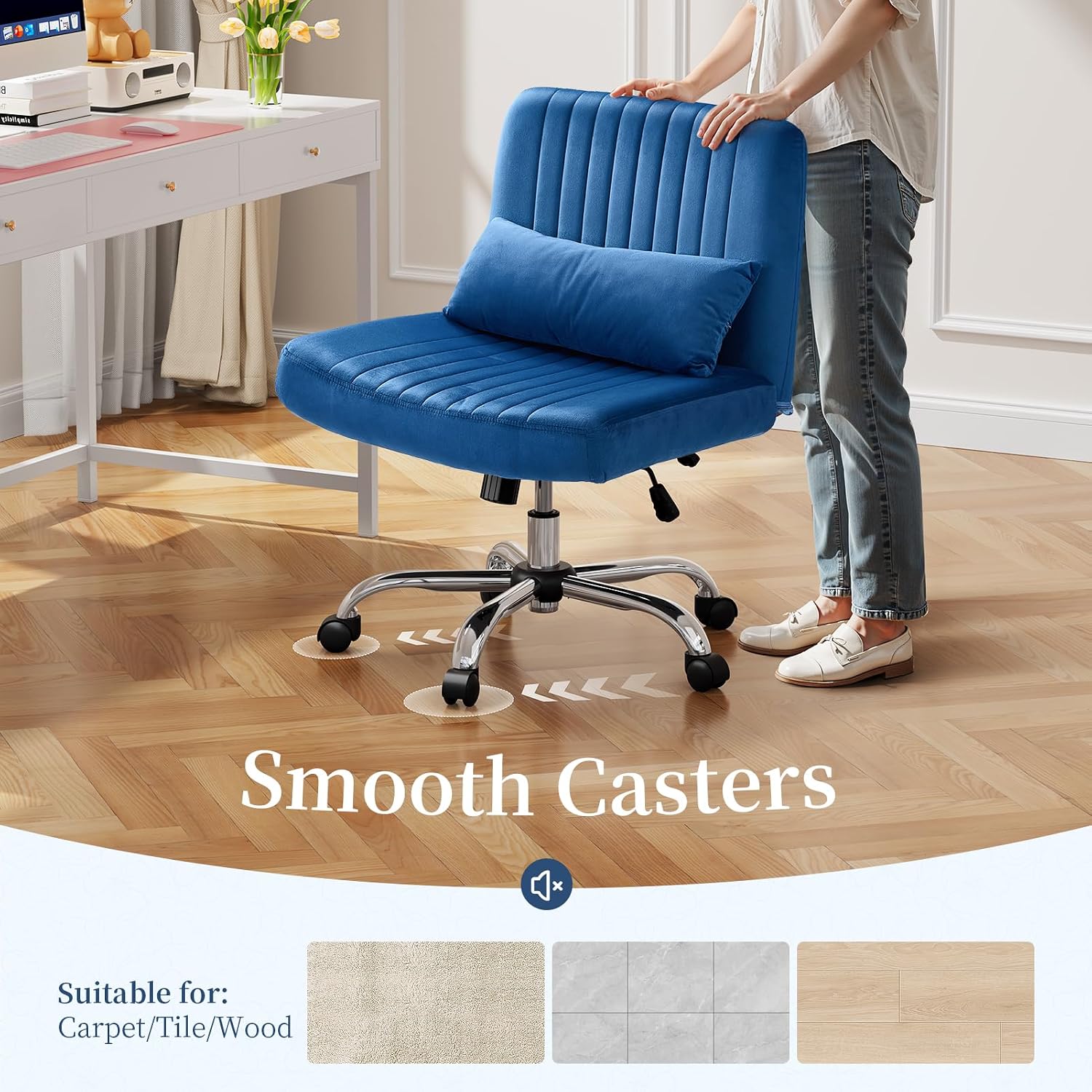 Warmiehomy Velvet Criss Cross Chair with Wheels, Cross Legged Office Chair, Comfy Desk Chair for Home Office, Ergonomic Computer Chair, Wide Seat Vanity Chair, for Adults, Royal Blue