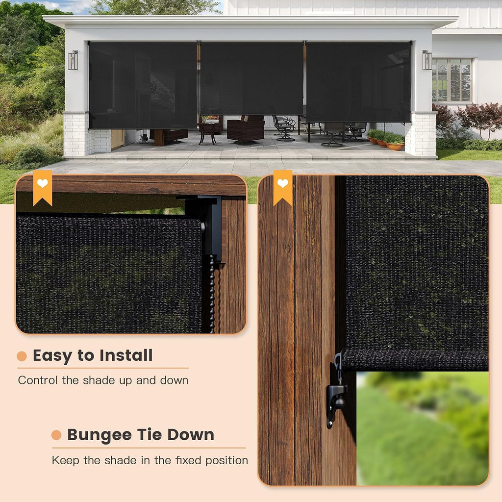 VICLLAX Outdoor Roller Shade (10' W×8' L), Patio Corded Roller Blinds, Exterior Roll Up Shade with Spliced Design for Patio Porch Gazebo, Graphite