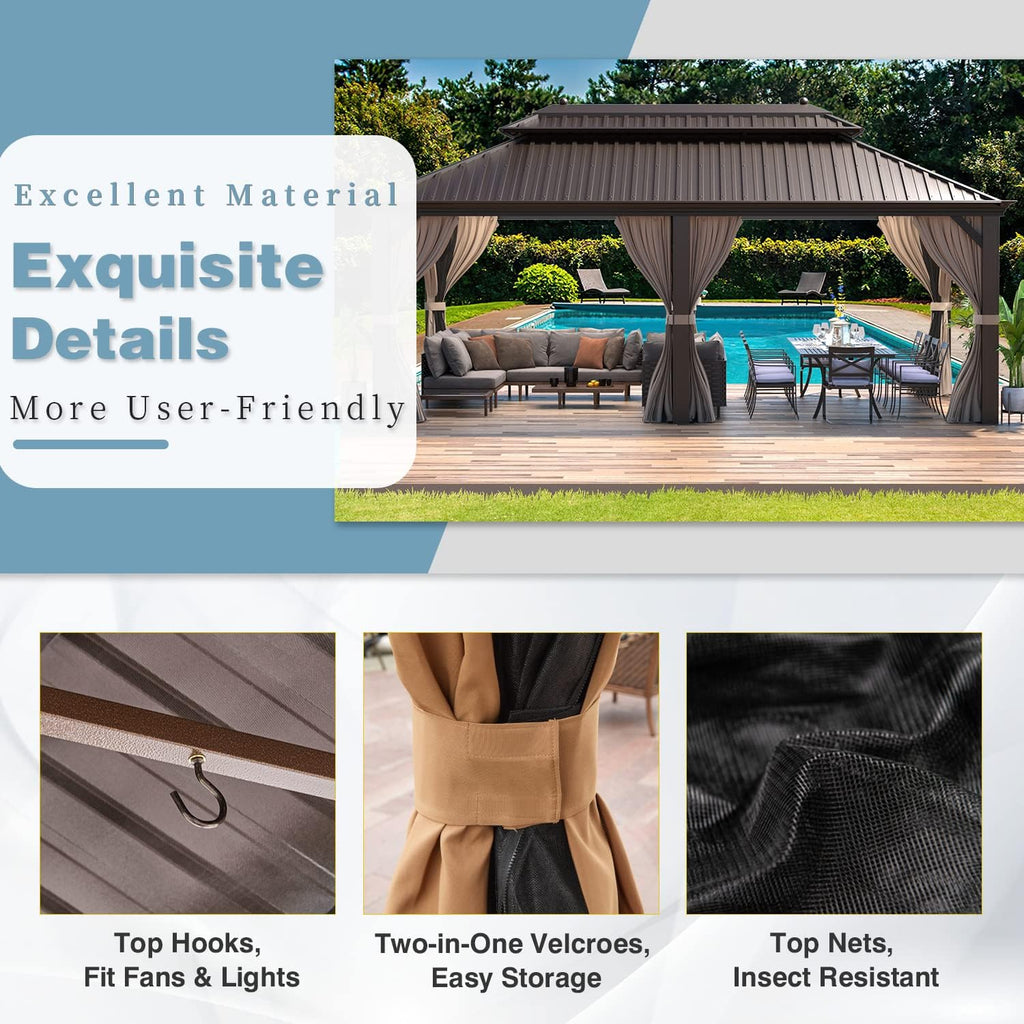 MELLCOM 12'x20' Hardtop Gazebo, Galvanized Steel Metal Double Roof Aluminum Gazebos with Curtains and Netting, Brown Permanent Pavilion with Aluminum Frame for Patio, Lawn & Garden