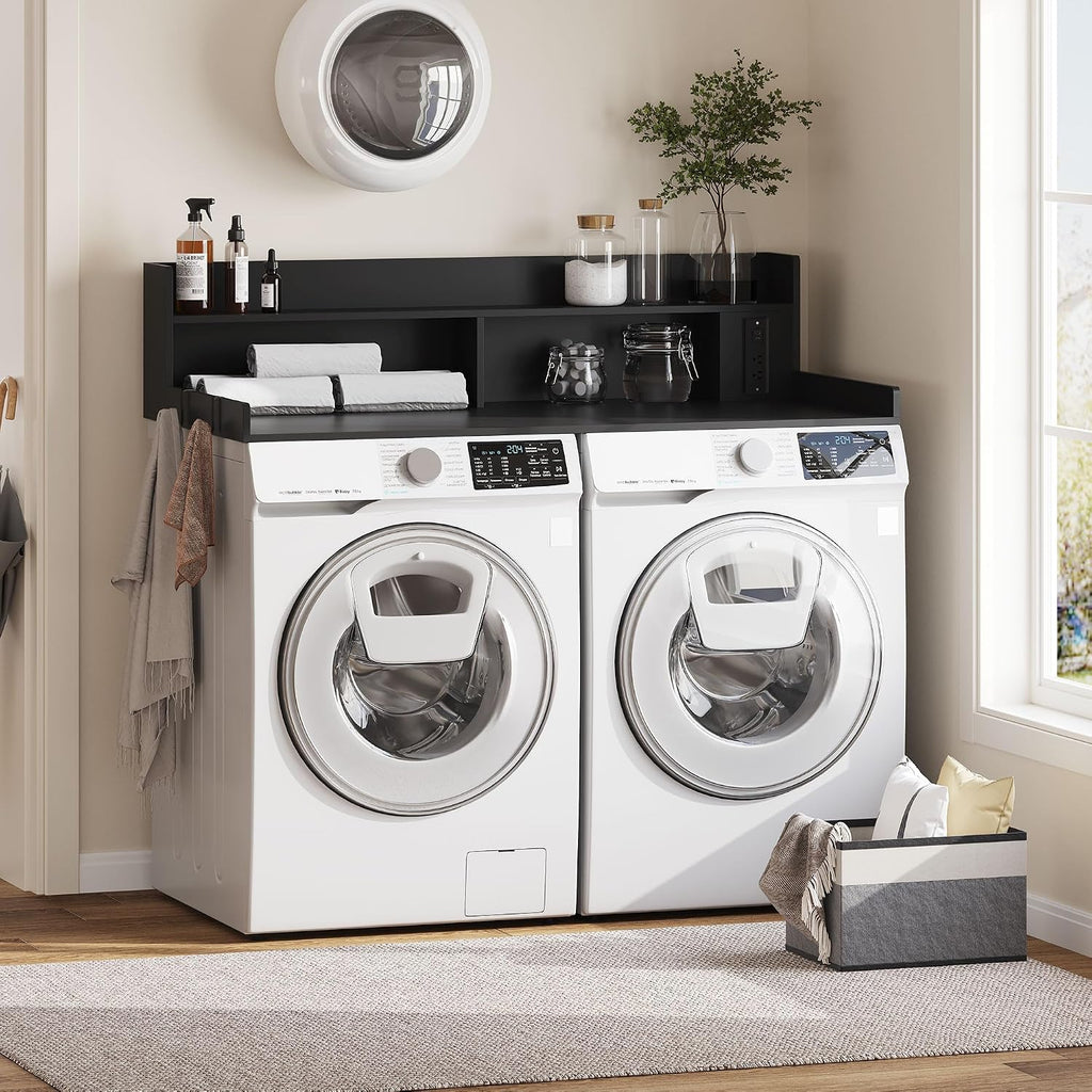 Upgraded 2-Tier Washer and Dryer Countertop with Power Outlet,54' W x 27.6' D Large Laundry Countertop for Fold Clothes, Laundry Topper with Non-Slip Pads & Metal Hooks and Storage Basket