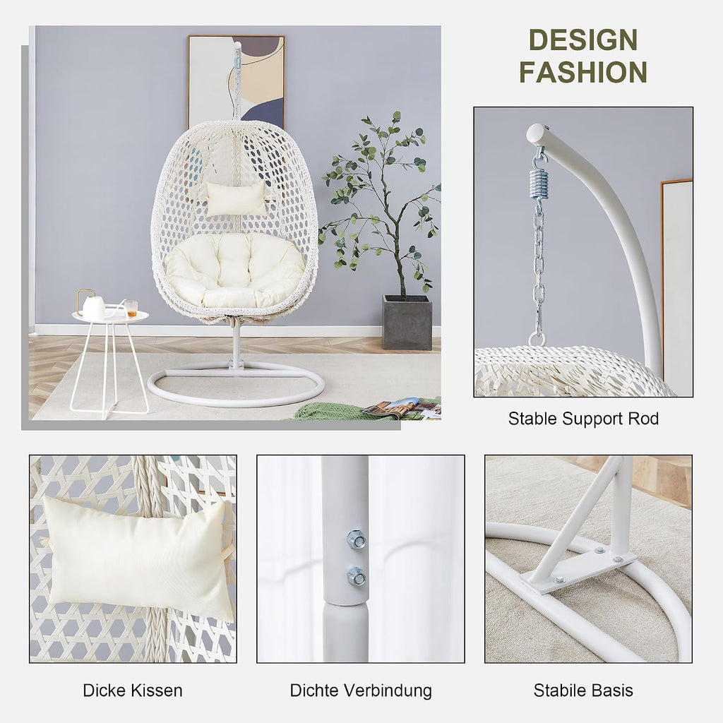 Egg Swing Chair with Stand,Rattan Swing Egg Chair with Stand, White Hanging Egg with Soft Cushion, Outdoor Hanging with Foldable Basket and Metal Stand for Bedroom Patio